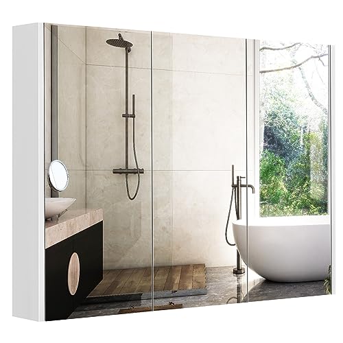 Tangkula Medicine Cabinet with Mirror, Frameless Bathroom Wall Mounted Cabinet with 3 Doors and Adjustable Shelves, Storage, Recess or Surface Mount Installation