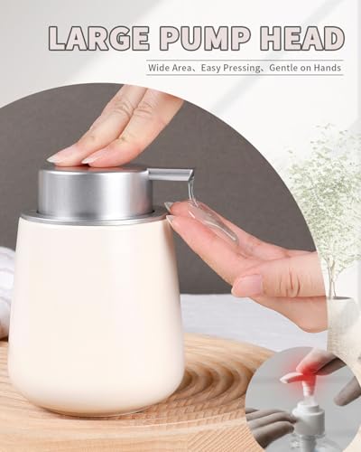 BosilunLife Ceramic Soap Dispenser - Dish Soap Dispenser for Bathroom 12Oz | Refillable Liquid Hand Wash Dispenser for Essential Oil, Lotion Soap, Beige & Grey - color: Beige With Silver Pump