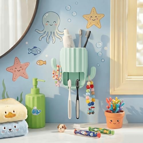 Kids Toothbrush Holder Wall Mount, Cute Cactus (Light Green) | Bathroom Organizer, PP Cactus Holder, Toothbrush Toothpaste Hair Tie Accessories,Multi-Function Organizer - color: Green