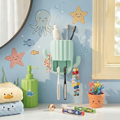 Kids Toothbrush Holder Wall Mount, Cute Cactus (Light Green) | Bathroom Organizer, PP Cactus Holder, Toothbrush Toothpaste Hair Tie Accessories,Multi-Function Organizer - color: Green
