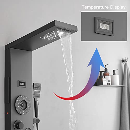 BWE Shower Panel Tower System Matte Black | LED Rainfall Waterfall Shower 6-Function Faucet 4 Mist Jets 2 Body Sprays with Handheld and Waterfall Tub Spout - color: Black