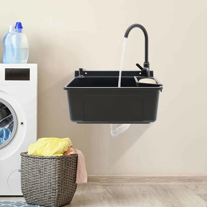 Wall-Mounted Utility Sink Tub Kit with Aluminum Alloy Faucet and Soap Box,Black Anti-clogging Laundry Sink for Bathrooms, Sundry Rooms, Garages(20.08 * 17.52 * 9.45in) - color: Black