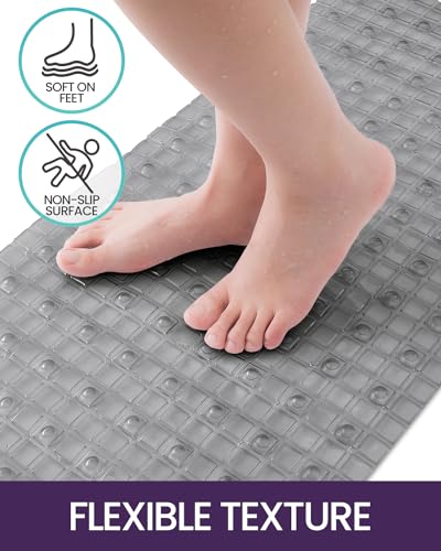 DEXI Bathtub Mat Non Slip, 39x16 Bath Tub Shower Floor Mats, Clear Grey | Extra Long Suction Cups, Drain Holes, Machine Washable for Tub Shower Floor Bathmat - color: Clear Gray