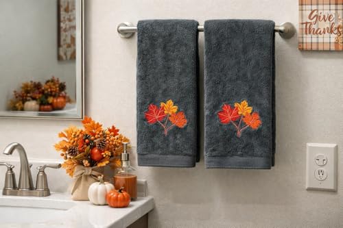 Serfina Home Harvest Fall Hand Guest Towels for Bathroom, Embroidered Grey Gray Autumn Leaf Design, 100% Cotton, 16" x 25" Inches, 2 Pc Set - color: Autumn Leaf Grey