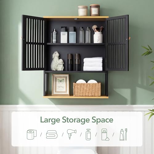 Bathroom Wall Cabinet with Bamboo Doors, 24 x 30 Inch, Black | Above-toilet medicine cabinet with an adjustable shelf, open bottom shelf, and French cleat mount. - color: Black-1, size: 24x30