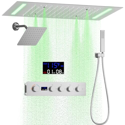Brushed Nickel Shower System,4 Functions Digital Temperature Display Diverter Valve,Ceiling 14x20" 2-Function Shower Head and 8 inch Wall Mounted Shower Head Combo,Handheld Shower - color: Brushed Nickel