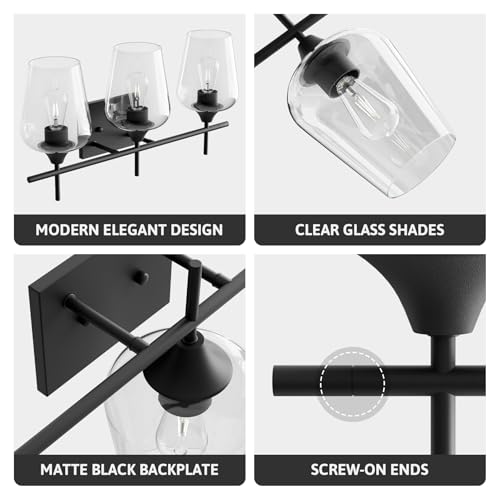 VONLUCE 3 Light Bathroom Vanity Light Fixture,Matte Black | Wine Glass Shades, E26 Sockets, Easy to install, Vanity Lights for Bathroom Bedroom Hallway Living Room - color: Black, size: 3-Light