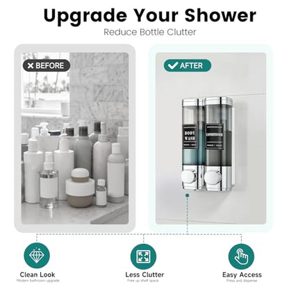 Wall-Mounted Shampoo and Conditioner Dispenser 2 Chamber No Drill,Chrome | Shower Soap Dispenser for Bathroom Hotel Large Capacity,each 300ml with two waterproof labels - color: 2chrome