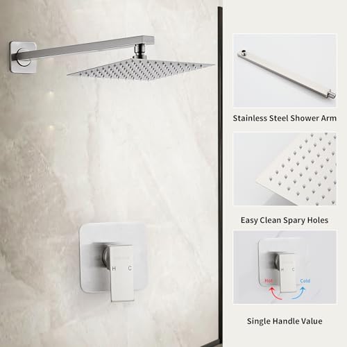 Shower Faucet Set Matte Black Bathroom Rainfall Shower System Wall Mount with 8 Inch Square Shower Head, Single Function Shower Trim Kit (8 Inch without Handheld Sprayer, Brushed Nickel) - color: Brushed Nickel, style: 8 Inch without Handheld Sprayer