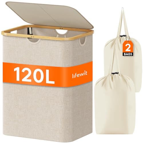 Lifewit 120L Laundry Basket with Lid, Clothes Hampers for Laundry with Bamboo Handles and 2 Removable Bag, Large Foldable Laundry Hamper for Bedroom, Bathroom, Dorm, Laundry Room, Beige - color: Beige, size: 120L