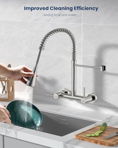 Wall Mount Kitchen Faucet 2 Handles, 8 Inch Center Wall Commercial Utility Sink Faucet with Pull Out Sprayer 3 Modes, Stainless Steel, Brushed Nickel - color: 2-Handle-Nickel, style: Wall Mount