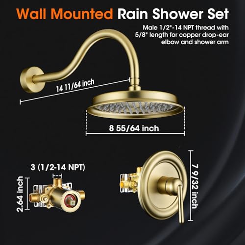 Rainfall Shower System Shower Faucet Set, Luxury, Antique, Light Gold | 9 Inch Single Function Shower Head, Pressure Balance Valve, Wall Mounted, Bathroom, Shower Trim Kit - color: Brushed Light Gold, style: Without Handheld
