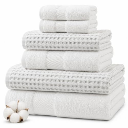 Modern Threads 6 Piece Cotton Bath Towel Set – Ultra Soft 600 GSM Towels – Bathroom Set with Hand Towels and Washcloths – Waffle (White) - color: White, style: Waffle