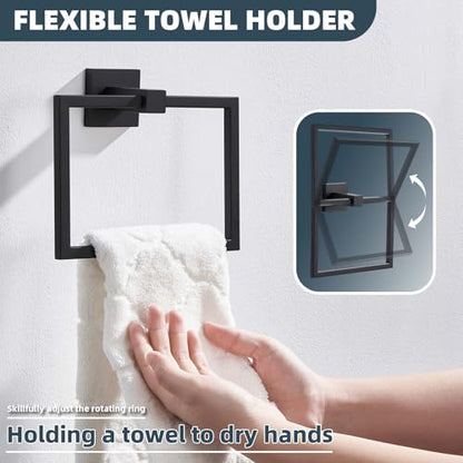 Matte Black Square Towel Holder for Bathroom, 304 Stainless Steel | 180° Rotating Ring for Easy Towel Access, 6.3" Inner Ring, Quiet & Smooth Operation, Easy Drilling Wall Mounted, Modern Style - color: Matte Black