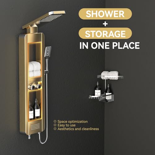ELLO&ALLO Shower Panel Tower System with Shelf, Rainfall Shower Head and Rain Massage System with Body Jets, Stainless Steel Bathroom Fixtures, Brushed Gold&Chrome