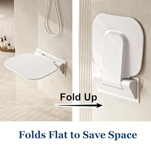 White Folding Shower Seat with Bistable Embedded Bracket | 15.7" Wide Shower Chair,Space-Saving Fold,Waterproof,440lb Capacity,Sturdy and Safety Bench for Adults - color: White