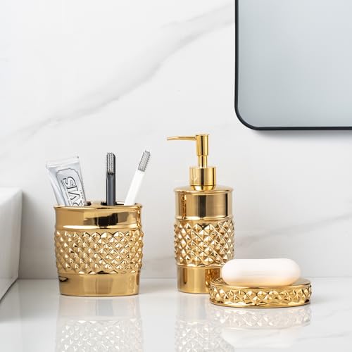 3-Piece Gold Ceramic Bathroom Accessories Set - Luxurious Soap Dispenser, Toothbrush Holder & Soap Dish with Modern Geo Embossed Design for Bathroom Accessory Set - color: Gold 022