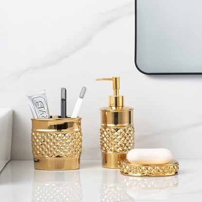 3-Piece Gold Ceramic Bathroom Accessories Set - Luxurious Soap Dispenser, Toothbrush Holder & Soap Dish with Modern Geo Embossed Design for Bathroom Accessory Set - color: Gold 022