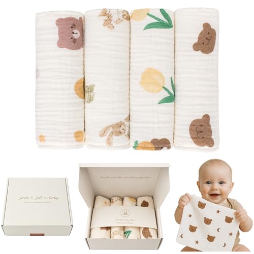 Jack & Jill & Baby Washcloths | 100% Cotton | Ultra-Soft Face Towels for Baby Boys and Girls | Bath Time and Burp Cloth Use | Baby Essentials | Absorbent Cloth Wipes | Pack of 4 (Bear Cuddle) - color: Bear Cuddle