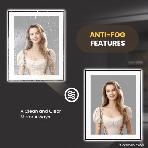 LOAAO 24"X30" LED Bathroom Mirror Black Framed | Anti-Fog, Dimmable, Memory Function, Tempered Glass, Lighted Vanity Mirror for Wall - size: 24"L x 30"W