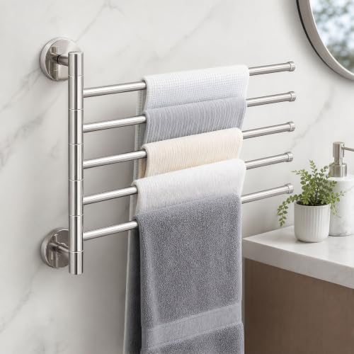 Solid Brass Swivel Towel Bar, Brushed Gold Bathroom Towel Rack, No Drill Adhesive Wall Mounted Rail Hanger, Space Saving Multi Arm Holder for Kitchen Restroom(Silver,27.5cm) - color: Silver, size: 27.5cm