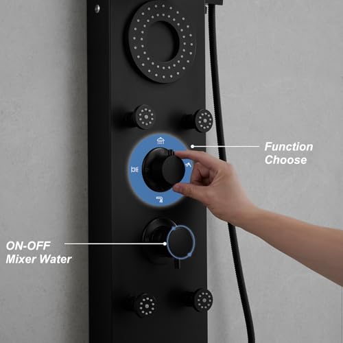 Hoimpro Matte Black LED Shower Panel Tower System,2 In 1Function Shower Panel Light Rainfall Waterfall Shower Rain Massage System with Body Jets Handheld Shower Sprayer, Stainless Steel, Wall Mount - color: Matte Black