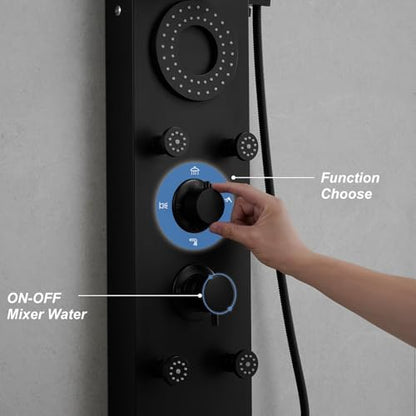 Hoimpro Matte Black LED Shower Panel Tower System,2 In 1Function Shower Panel Light Rainfall Waterfall Shower Rain Massage System with Body Jets Handheld Shower Sprayer, Stainless Steel, Wall Mount - color: Matte Black