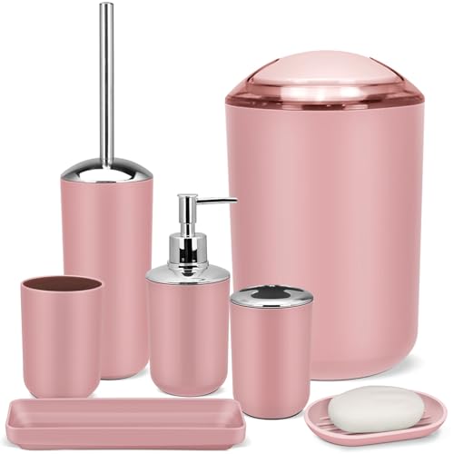 IMAVO Bathroom Accessories Set,Pink Bathroom Set,7 Pieces Bathroom Accessory Set,Tray,Toilet Brush,Trash Can for Bathroom Décor and Housewarming Gifts - color: Pink, size: 7 Pcs Bathroom Set