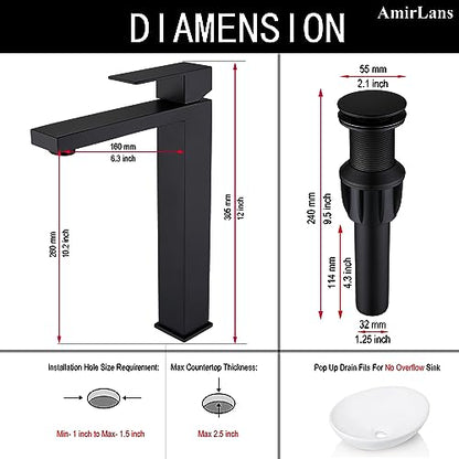 Matte Black Vessel Sink Faucet, Single Hole Tall Bathroom Faucet | Stainless Steel 1 Hole Black Matte Faucet for Bathroom Sink, Tall Vanity Faucet with Pop Up Drain - color: Matte Black, size: Tall