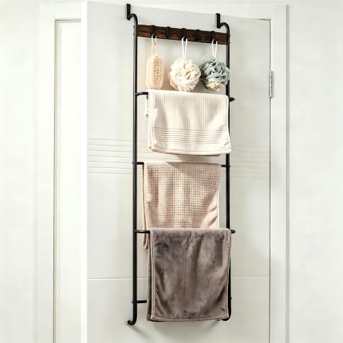 Over The Door Towel Rack with 5 Hooks 4 Towel Bars Industrial Metal Towel Door Hanger for Bathroom Towel Rack with Hooks for Door Hanging Door Towel Bar, No Drilling Required, Black - color: Black