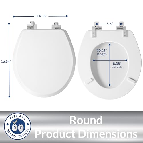 Mayfair Bennett Toilet Seat with Chrome Hinges, Slow Close Wood Seat, Secure Metal Hinges, Easy Install, Made in USA, Round, White - color: Chrome, size: Round
