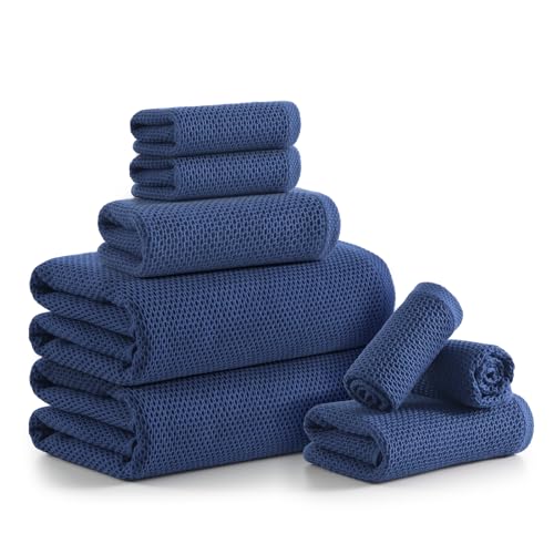 REDKISS Quick Dry Waffle Towel Set of 8, 100% Cotton,Lightweight & Highly Absorbent Waffle Towels for Bathroom, Spa, Gym, Pool-2 Bath Towels, 2 Hand Towels & 4 Washcloths,Blue - color: Blue