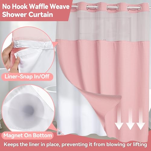 Conbo Mio Extra Long No Hook Waffle Weave Shower Curtain with Snap in Liner Set, Hotel Luxury Pink Shower Curtains for Bathroom with See Through Top Window, Waterproof, Washable 71W x 84H - color: Waffle-pink, size: 71"W x 84"L (Pack of 1)