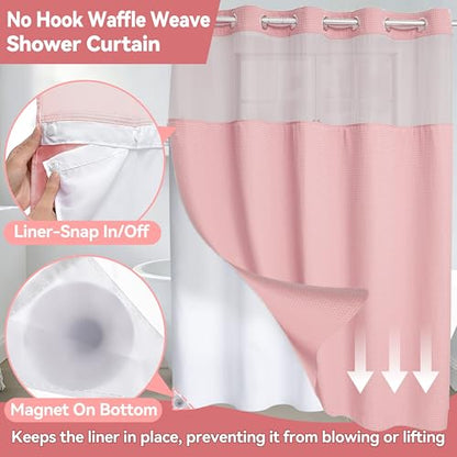 Conbo Mio Extra Long No Hook Waffle Weave Shower Curtain with Snap in Liner Set, Hotel Luxury Pink Shower Curtains for Bathroom with See Through Top Window, Waterproof, Washable 71W x 84H - color: Waffle-pink, size: 71"W x 84"L (Pack of 1)