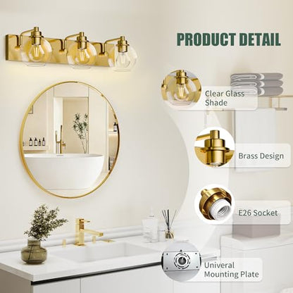 3 Light Bathroom Light Fixtures-Brushed Gold Bathroom Vanity Lights, Modern Vanity Lights 3-Light Bathroom Lighting Fixtures Over Mirror with Clear Glass Globe Shade - color: Gold, size: 3-Light