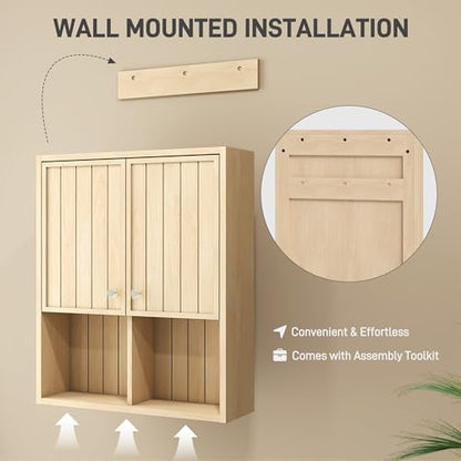 Bathroom Storage Cabinet Wall Mounted, Pre-Assembled Medicine Cabinet with 2 Doors, Slim Hanging Wall Cabinet Over The Toilet for Small Spaces, Modern Farmhouse Style,Natural Oak