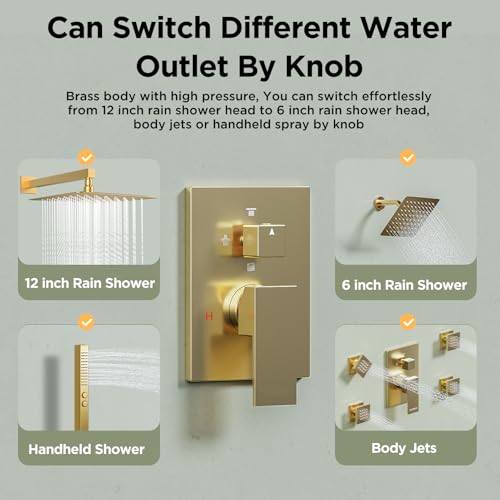 Shower System with 4 Body Spray Jets, STARBATH 4 Way 12 + 6"Rainfall Shower Head with Handheld Combo, Wall Mounted Shower Jets System in Wall Shower Faucet Set, Brushed Gold - color: Gold, size: 6"+12"-04