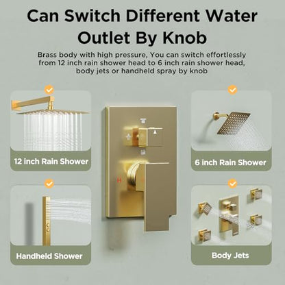 Shower System with 4 Body Spray Jets, STARBATH 4 Way 12 + 6"Rainfall Shower Head with Handheld Combo, Wall Mounted Shower Jets System in Wall Shower Faucet Set, Brushed Gold - color: Gold, size: 6"+12"-04