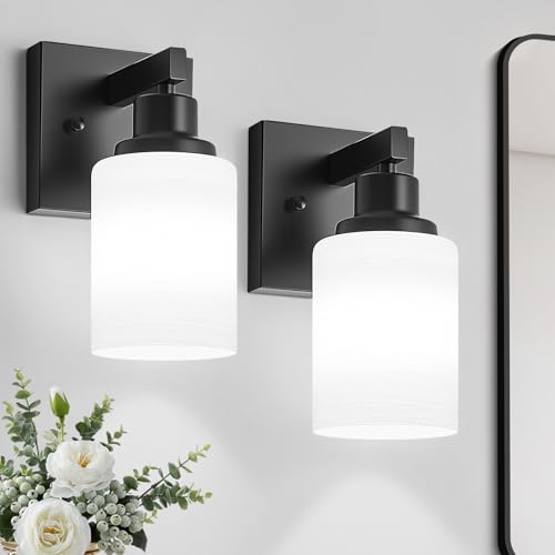 Set of 2 Wall Sconces for Bathroom, Black 1 Light Bathroom Vanity Light,Modern Wall Sconces Indoor with White Glass Shades,Farmhouse Wall Lamp for Bedroom Living Room Mirror Hallway - color: Black, size: 1-Light(2 Pack)