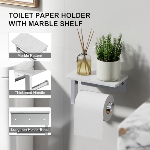 Chrome Toilet Paper Holder with Marble Shelf Tissue Roll Holder | 304 Stainless Steel Wall Mounted Toilet Paper Roll Holder Screw-Mounted Tissue Holder for Bathroom Washroom by BATHLAVISH - color: Chrome