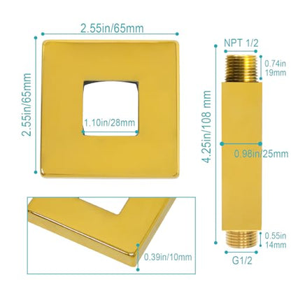 Enga Square Shower Arm with Flange, 3 Inches Ceiling Mount Replacement Rain Shower Head Straight Arm, Bright Gold - color: Polished Gold, style: 3 Inch