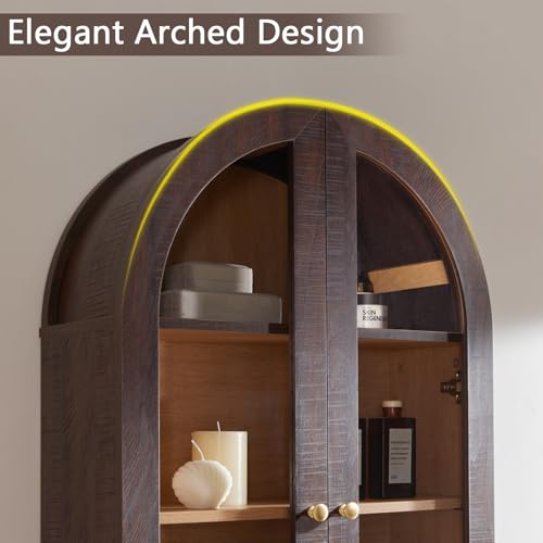 Bathroom Arched Wall Cabinet,23.5'' Wide Medicine Cabinet, Bathroom Cabinet Wall Mount W/Glass Doors & Adjustable Shelves, Over The Toilet Storage Cabinet for Laundry Room, Bedroom,Kitchen, Brown - color: Brown