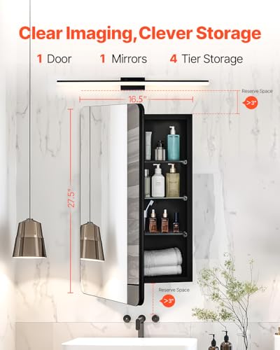 VEVOR Medicine Cabinet, 16.5 x 27.5 inch, Medicine Cabinet for Bathroom with Mirror, Aluminum Frame Bathroom Wall Cabinet, 3-Layer Adjustable Shelves, Recessed & Wall-Mounted Installation - size: 16.5x27.5in