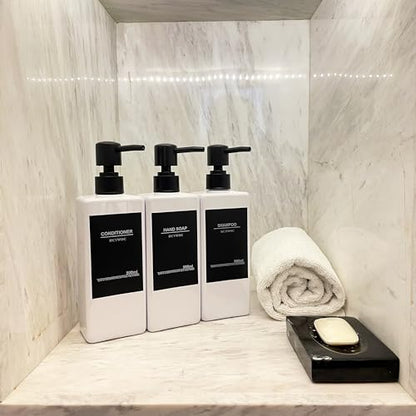 Shampoo and Conditioner Dispenser, No Drill, 16 Waterproof Labels | Shampoo Dispenser for Shower Wall, Shower Soap Dispenser Wall Mounted 3 Chamber, Bathroom, 17oz, White - color: White Bottle + Black Pump