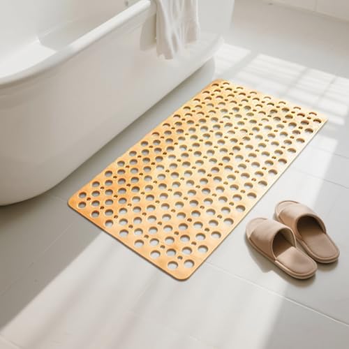 Bath Mat for Tub, 28 X 15 Inches Easy Clean Non Slip Machine Washable Large Bathroom Mat Set with Suction Cups and Drain Holes,Durable Grey Bath Mat for Home,Bathroom,Inside Shower Floor,Bathtub - color: Light Yellow