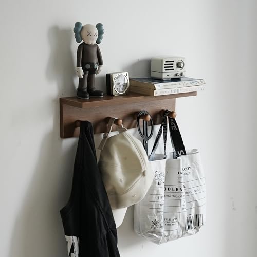 Entrance Coat Rack ，Coat Hooks, Wall-Mounted Wooden Hook Rack, Wall-Mounted Shelves are Very Suitable (Teak Colored Finish—A-1) - style: Teak colored finish—A-1