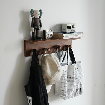 Entrance Coat Rack ，Coat Hooks, Wall-Mounted Wooden Hook Rack, Wall-Mounted Shelves are Very Suitable (Teak Colored Finish—A-1) - style: Teak colored finish—A-1