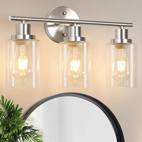 3 Light Vanity Lights, Brushed Nickel Wall Sconce Light with Clear Glass, Bathroom Light Fixtures, Wall Lights for Mirror, Living Room, Bedroom, Hallway, E26 Base (Bulbs Not Included) - color: Matt Nickel, size: 3 Light