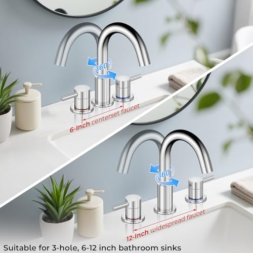 Bathroom Sink Faucet 3 Hole Chrome, 2-Handle Widespread Faucet | Lead-free stainless steel, pop-up drain, Detachable faucet aerator, 360°swivel, for RV & vanity sink 3-hole mount - color: 1-Chrome, style: 8 Inch Widespread