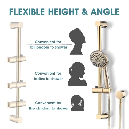 Hand Shower with Slide Bar, High Pressure 10 Setting Handheld Shower Head, Adjustable Height 24" Slide Bar, Wall Supply Elbow and 6.6ft Extra Long Shower Hose - Gold - color: Zirconium Gold